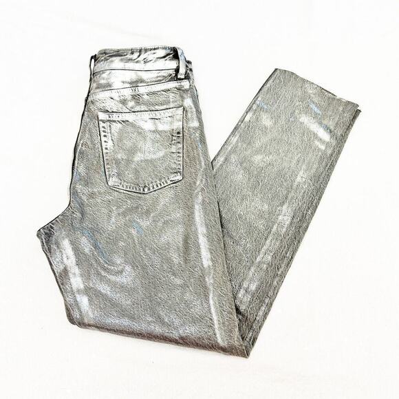 Zara Coated Silver Gray Metallic Denim Jeans Raw Hem Straight Leg Size 4 - Picture 10 of 10